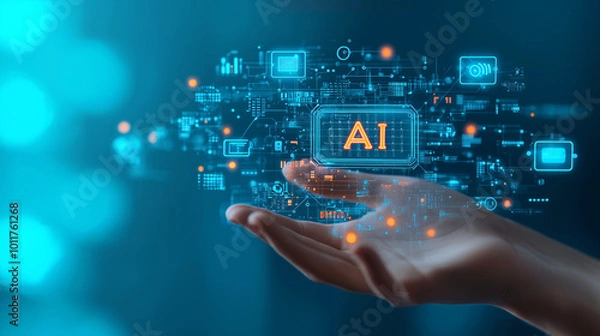 Fototapeta Hand holding AI and technology icon on blue background. Concept of artificial intelligence help, tools that work with AI, use of artificial intelligence to improve and enhance development.