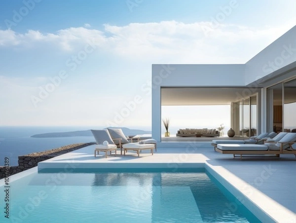 Fototapeta A minimalistic modern building with a swimming pool in front. Ocean and azure sky at the background. A perfect property for real estate