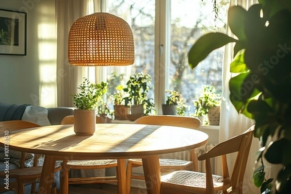Fototapeta Scandinavian Style Dining Room with Wooden Table and Wicker Pendant Lamp. AI generated illustration