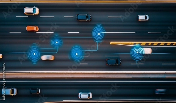 Fototapeta Futuristic aerial highway scene showcasing vehicles with digital connectivity symbols, highlighting advanced automotive technology and smart transport solutions.
