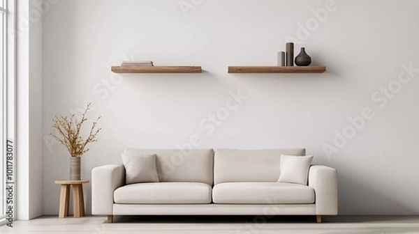Fototapeta A minimalist living room featuring a light-colored sofa, wooden shelves, and decorative items, creating a cozy and inviting atmosphere.