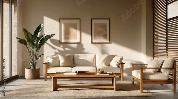 Fototapeta A cozy, minimalist living room featuring a beige sofa, wooden furniture, and a decorative plant, illuminated by natural light.