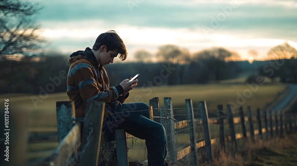 Fototapeta Young man sitting on fence in rural area using smartphone, concept of technology immersion and rural life, suitable for modern lifestyle and tech dependency themes