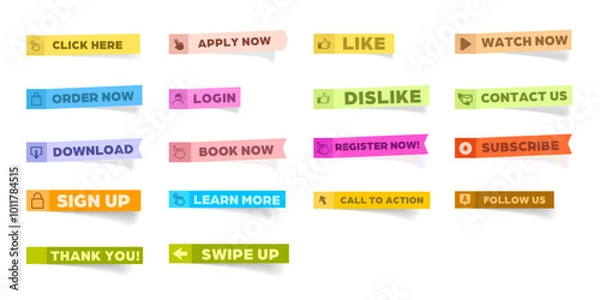 Obraz Read More, learn more, buy now, download, watch now, like, book, follow, swipe up, order now, thank you,  more colorful sticky notes button set.