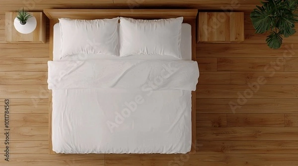 Fototapeta A cozy, neatly arranged bed with white linens, surrounded by wooden furniture and minimal greenery, creating a serene, inviting atmosphere.