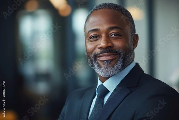 Obraz business businessman office mature middle aged meeting man portrait corporate manager smiling black businessperson, created with ai, Generative AI