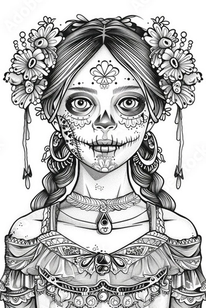 Obraz Coloring book illustration of a girl painted as a zombie for a festive celebration showcasing vibrant traditional elements associated with cultural heritage