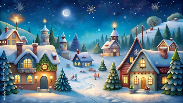 Fototapeta Charming winter village scene with snowy houses and festive decorations under the night sky
