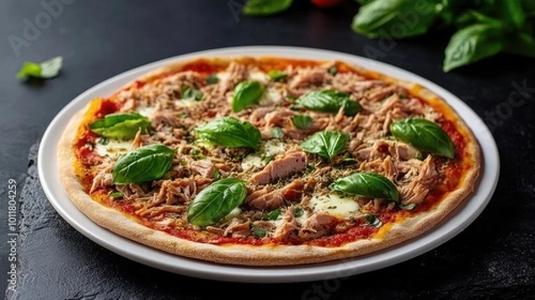 Fototapeta Gourmet tuna and mozzarella pizza on a white plate, placed on a black stone background with a minimalist arrangement of basil and herbs.