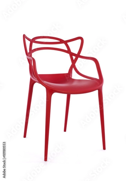 Obraz Red Plastic Outdoor Cafe Chair on White Background, Three Quarter View