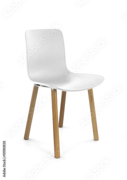 Obraz White Plastic Modern Chair with Wood Legs, Three Quarter View