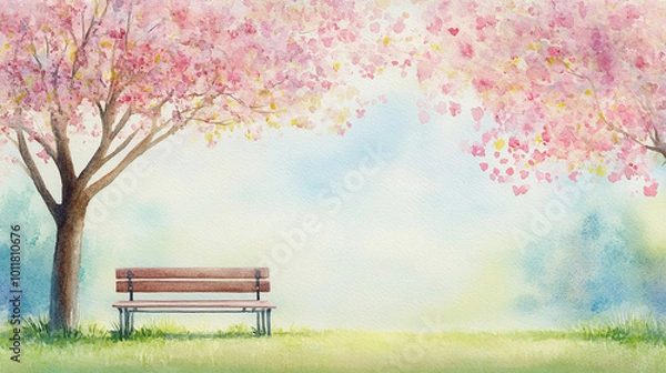 Fototapeta A serene park scene featuring a wooden bench beneath blooming cherry trees, perfect for relaxation and enjoying nature's beauty.