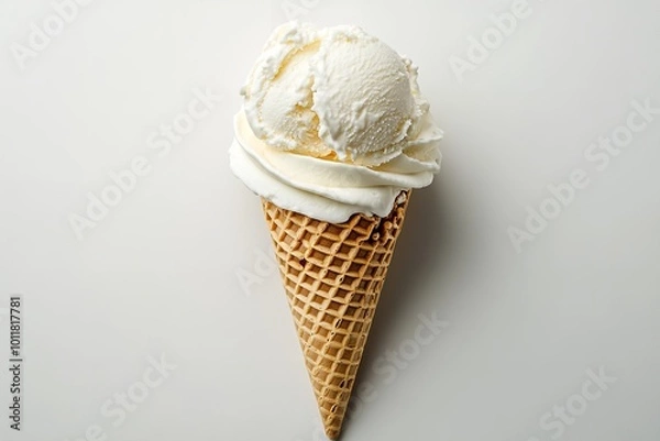 Fototapeta Isolated ice cream scoop on a waffle cone on a white backdrop. Generative Ai