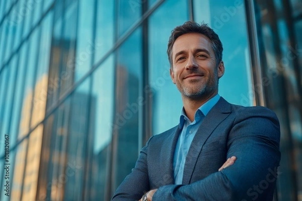 Obraz Smiling happy and successful CEO business man corporate executive in large downtown building, Generative AI