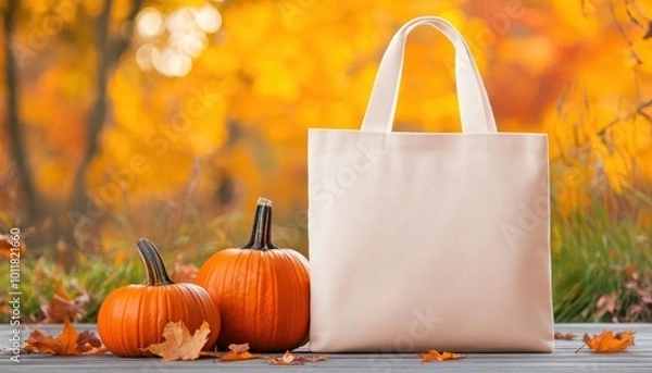 Fototapeta Autumn scene with pumpkins and a tote bag, warm fall colors in the background.