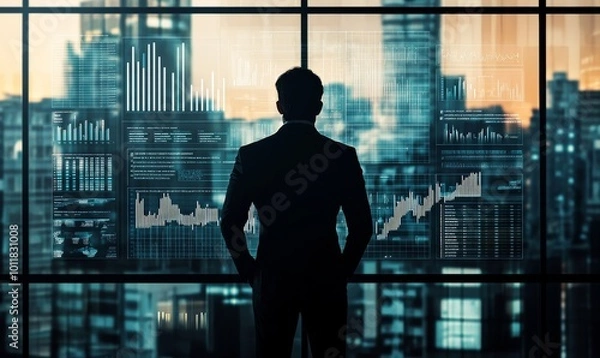 Obraz Silhouette of the man in the office and corporate infographic, Generative AI