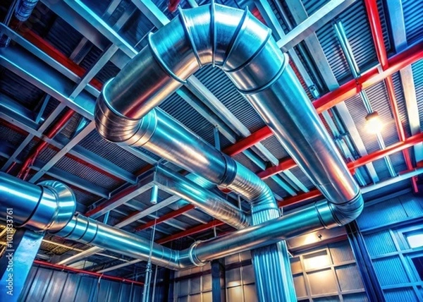 Fototapeta Air Duct in Ceiling of Modern Building Interior Showing Industrial Ventilation System Components