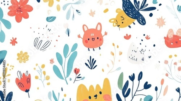 Fototapeta A playful arrangement of children wallpaper featuring cartoon characters and playful designs, isolated on a bright white background, perfect for nursery decor.