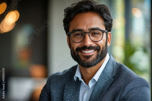 Obraz Happy smiling bearded indian business man small business owner, company leader or sales manager, male hispanic ceo executive, successful lawyer looking at camera standing in office, Generative AI