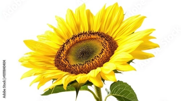 Fototapeta A vibrant sunflower in full bloom, with bright yellow petals and a deep brown center, isolated on a clean white background for a fresh and cheerful look.