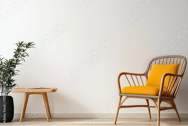 Fototapeta A stylish chair with a yellow cushion next to a plant and table, epitomizing modern elegance and minimalist design in a spacious, well-lit interior setting.