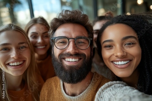 Obraz Diverse team taking a group selfie during seminar or workshop, Generative AI