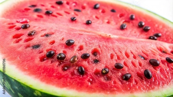 Fototapeta A close-up of a sliced watermelon, showcasing its juicy red flesh and black seeds.