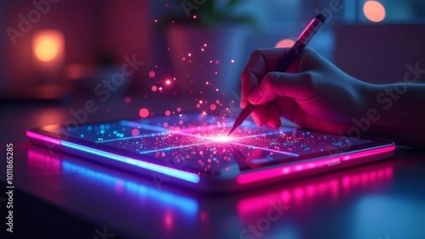 Obraz Tablet on neon digital background with bokeh.