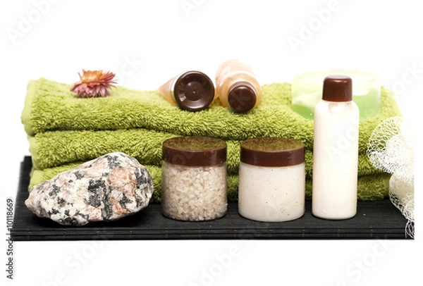 Obraz isolated on white spa elements, towels and rock