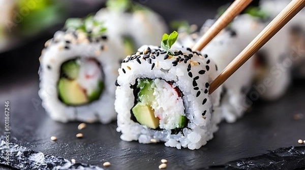 Fototapeta California roll with crab, avocado, cucumber, and sesame seeds