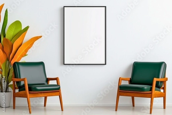Fototapeta Two elegant wooden chairs with green cushions sit under a blank frame, complemented by a potted plant with large green leaves, creating a modern minimalist feel.