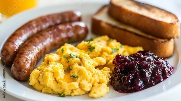 Fototapeta Two grilled sausages with scrambled eggs and toast