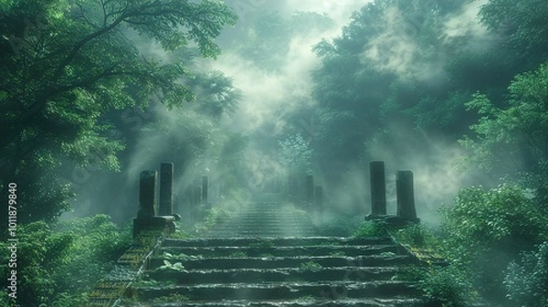Fototapeta Mystical Forest Path: Stone Steps Leading Through Foggy Woods