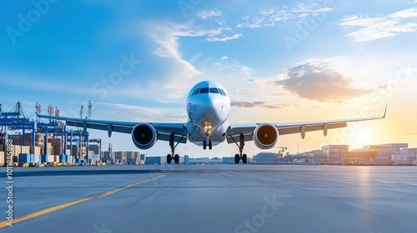 Fototapeta Airplane Taking Off at Logistics Hub