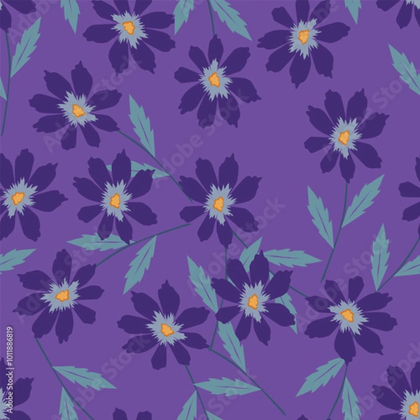 Obraz blue seamless vector stock flowers with leaves pattern on cream background