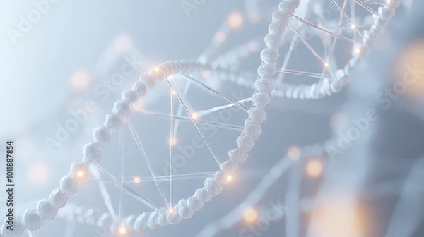 Fototapeta DNA double helix with luminous particles on an abstract background, An illustration of a medical background showing healthcare, medical technology,