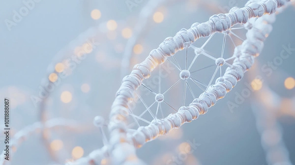 Fototapeta DNA double helix with luminous particles on an abstract background, An illustration of a medical background showing healthcare, medical technology,