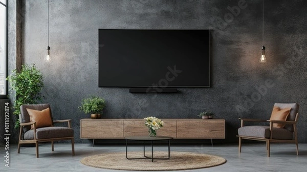 Fototapeta Modern Living Room Interior with Wall-Mounted TV, Armchair, and Plant on Concrete Wall Background