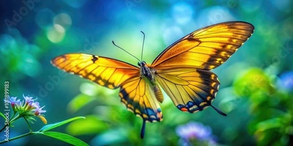 Fototapeta A brilliant yellow butterfly flutters gracefully, its delicate wings contrasting beautifully against a blurred backdrop of tranquil greens and soft blues in nature's embrace.