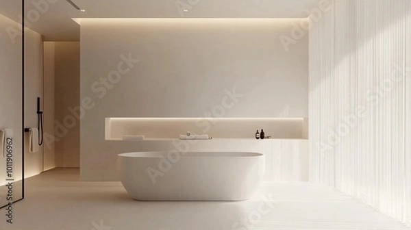 Obraz Minimalist bathroom with a freestanding bathtub in the center, white walls, clean lines, soft natural lighting, neutral tones, sleek and modern design