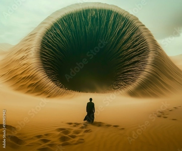 Fototapeta A lone figure walks across an endless desert as a massive, otherworldly worm looms above. The scene evokes mystery, danger, and a battle for survival.