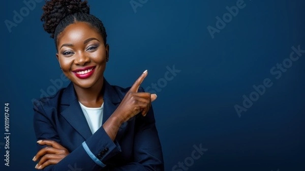 Fototapeta Confident Black Businesswoman Smiling and Pointing Forward