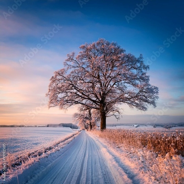Fototapeta Serene Evening: Snowy Trees Framing a Rural Pathway at Dusk