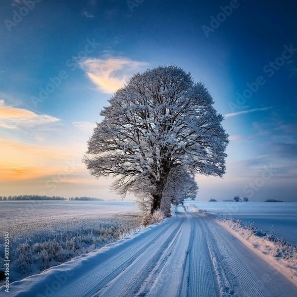 Fototapeta Winter Wonderland: Snow-Covered Trees Along a Countryside Path at Dusk