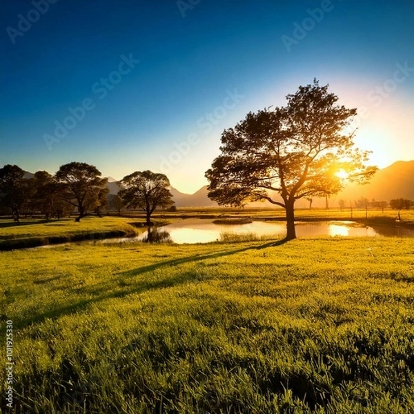 Fototapeta Sunset Reflection over a Lake Surrounded by Lush Trees and Meadows