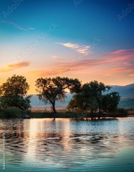 Fototapeta Tranquil Sunset Over the Lake with Trees and Blue Sky