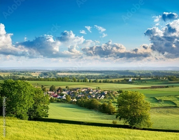 Fototapeta Scenic Aerial View of Village Surrounded by Fields and Trees Under Blue Sky