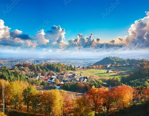 Fototapeta Village Landscape with Trees and Majestic Clouds in Autumn