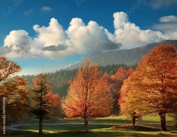 Fototapeta Scenic Autumn Landscape: Trees and Stunning Cloudy Sky