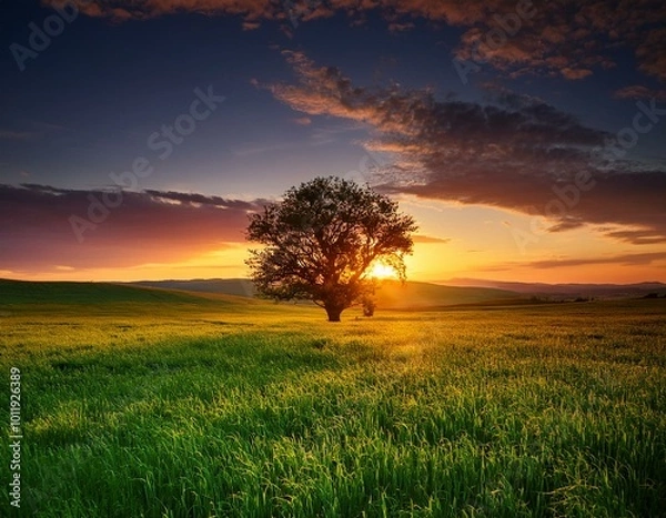Fototapeta Sunset Over Green Field With Red Glow, Tree Silhouette in Fading Light